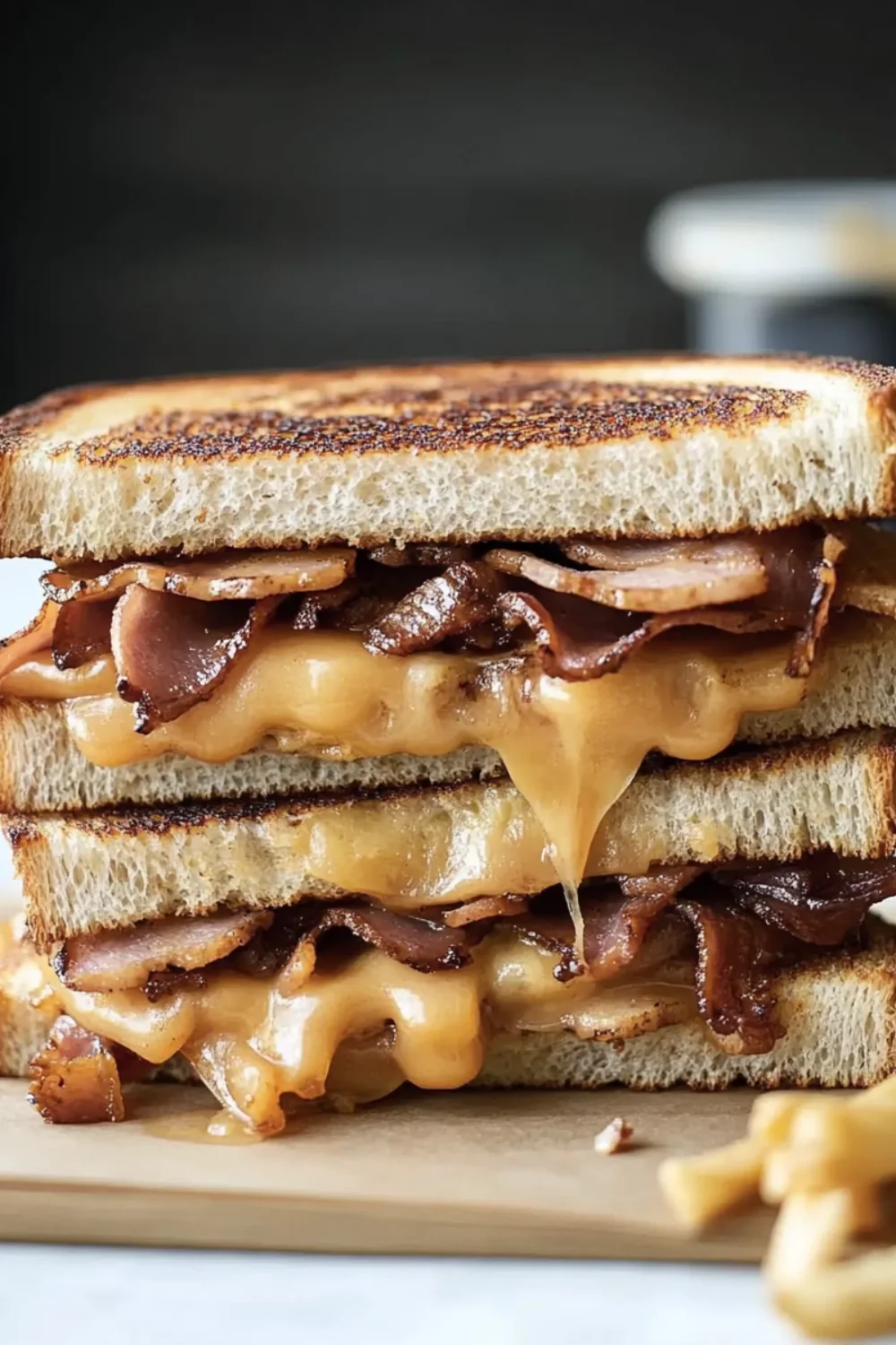 A close-up shot of The Elvis Sandwich, featuring crispy grilled bread with melted cheese, caramelized bacon, and gooey cheese oozing out.