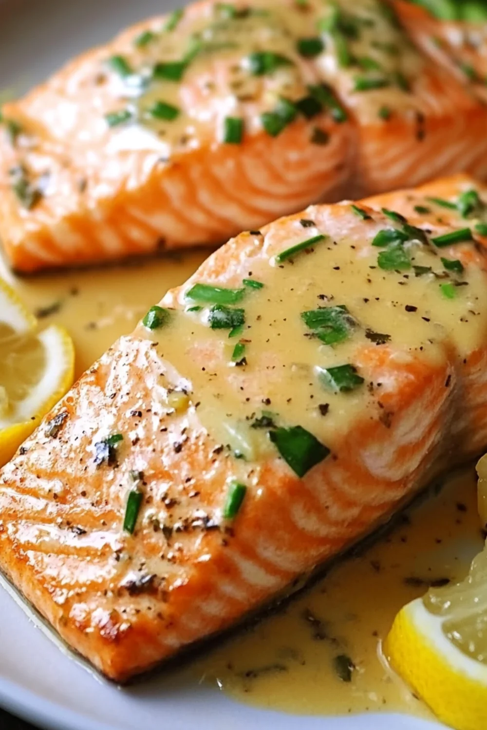 A close-up shot of tender, flaky salmon fillets drizzled with a creamy garlic lemon butter sauce, garnished with fresh chives and served with lemon wedges on the side.
