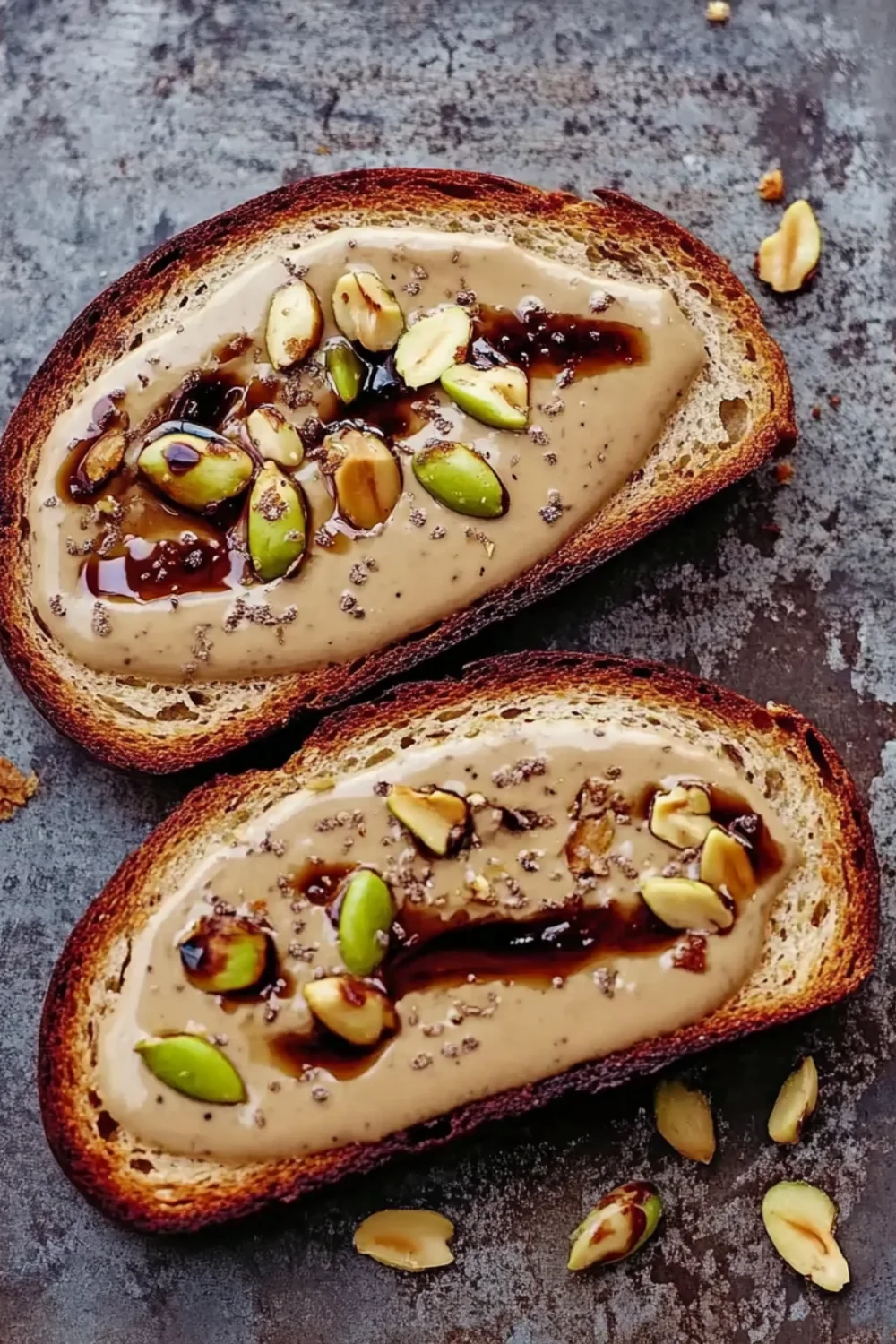 Two slices of toasted bread topped with creamy tahini, chopped nuts, seeds, and a drizzle of syrup.
