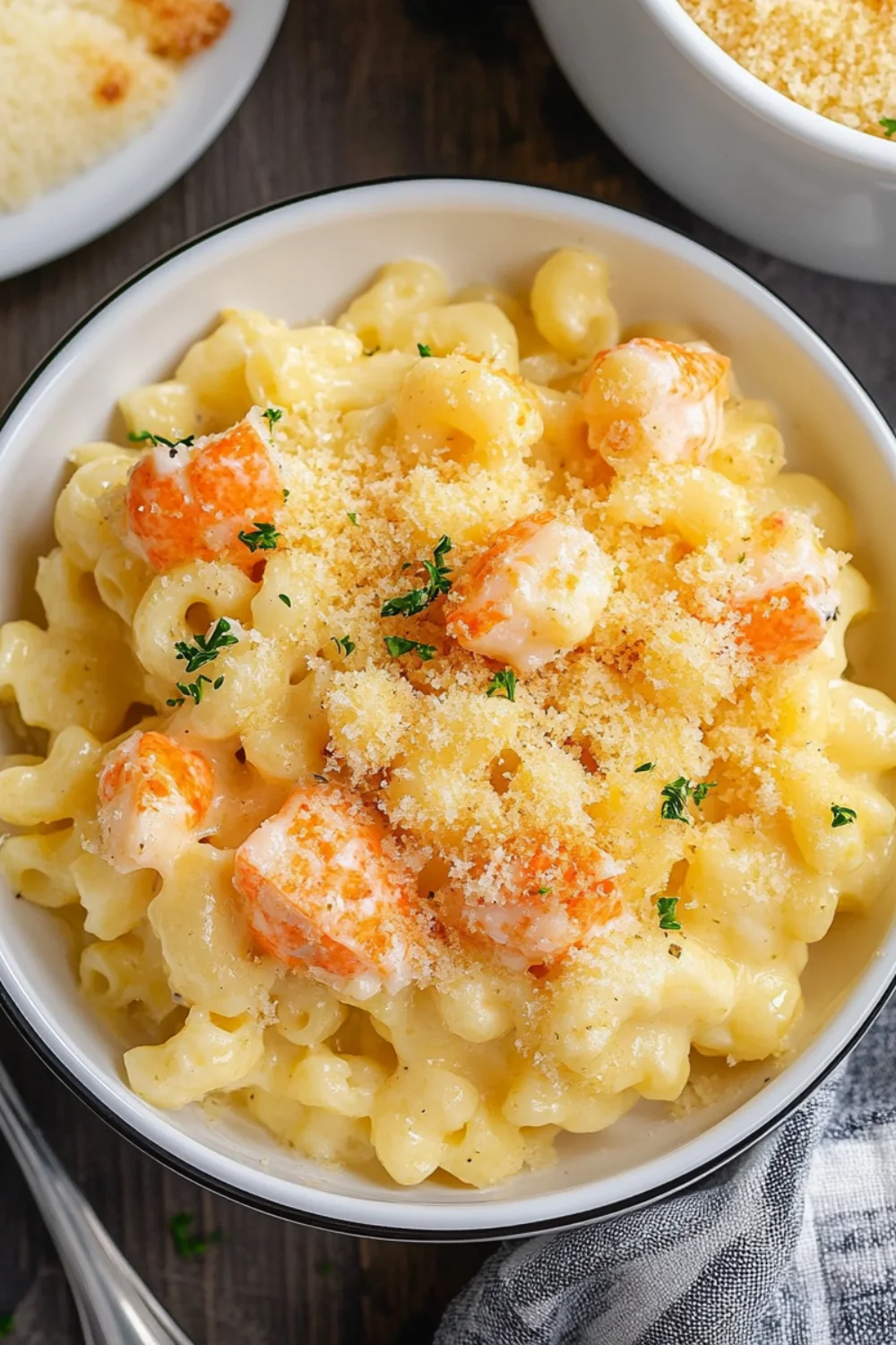 A bowl of creamy lobster mac and cheese, topped with crispy breadcrumbs and fresh parsley.