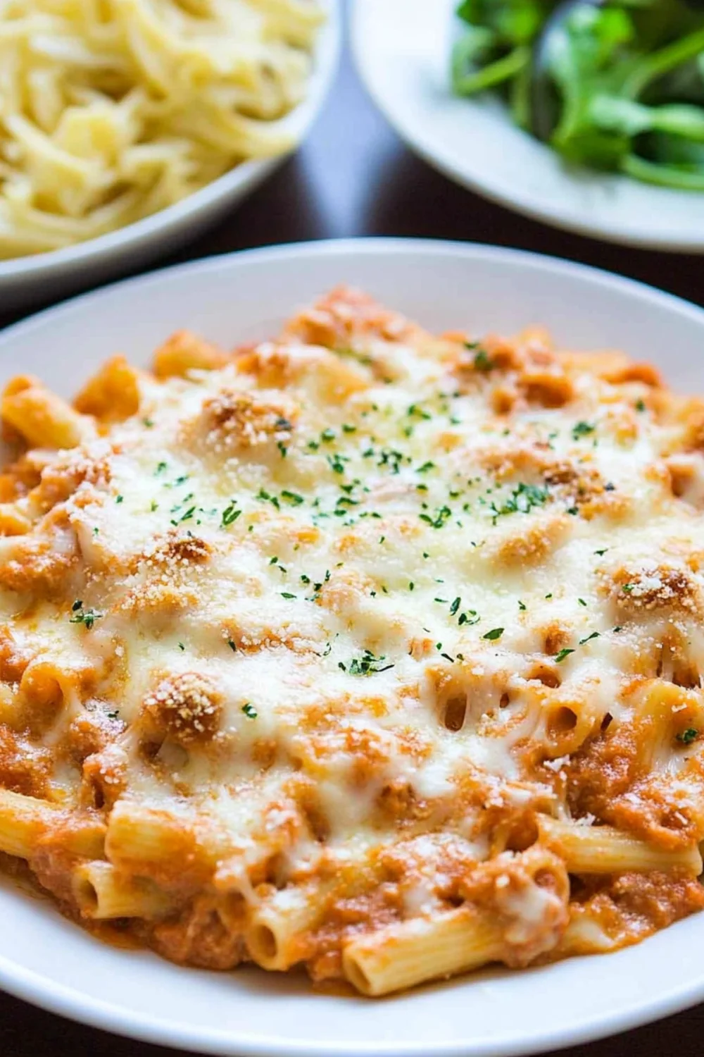 A close-up view of a plate of Olive Garden-inspired Five Cheese Ziti Al Forno, topped with melted mozzarella cheese and sprinkled with parsley, served with a side of pasta and a salad.