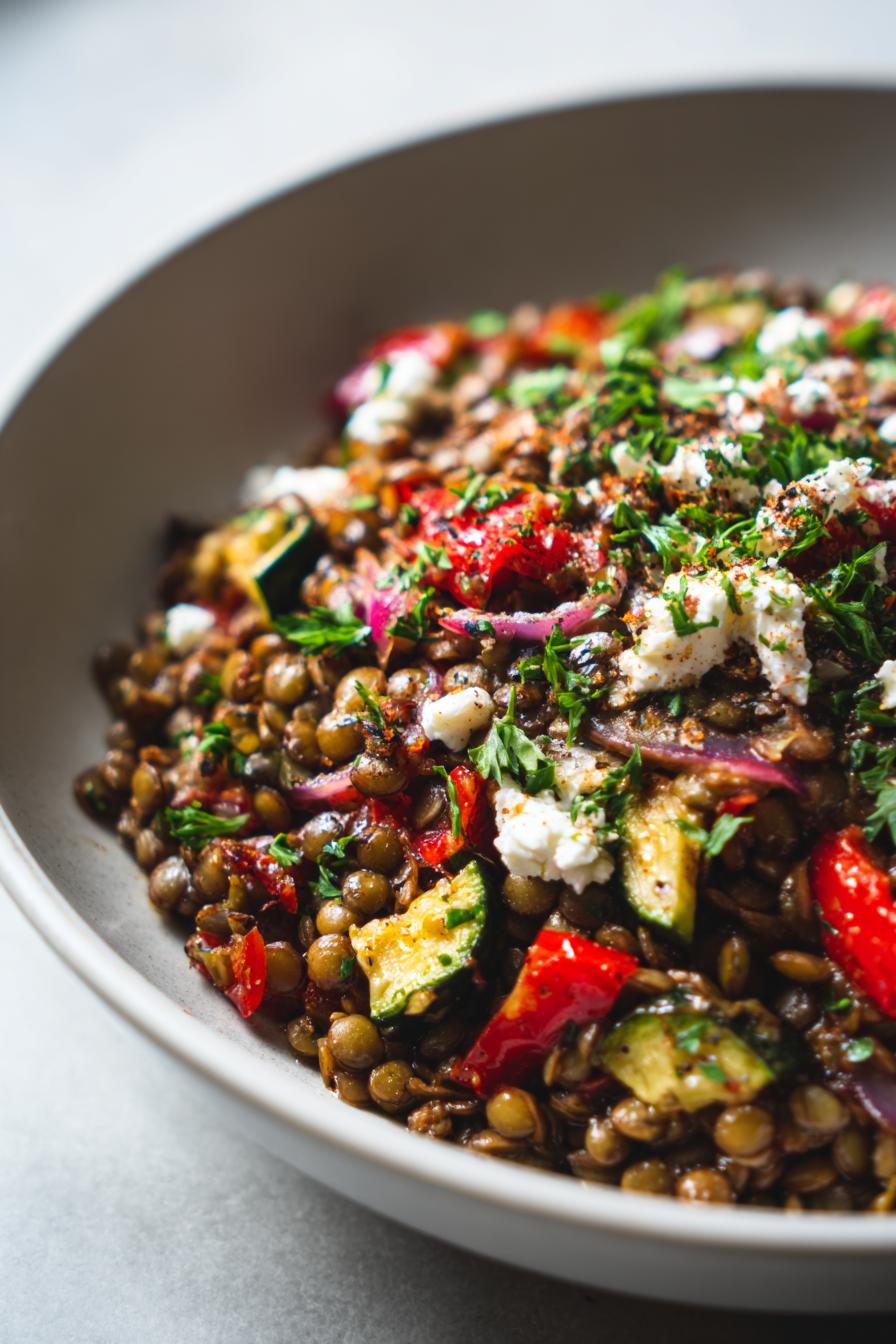 warm lentil salad with roasted vegetables and feta